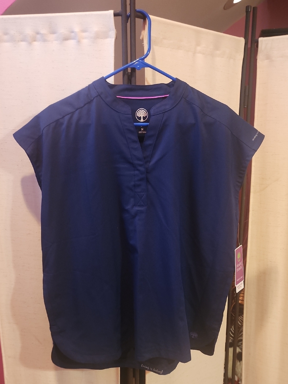 healing hands Navy Tunic Top with Pink Trim